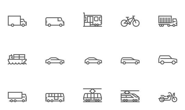 Set of Transport Vector Line Icons with Train, Tram, Bike, Bus, Car and more. Editable Stroke. 48x48 Pixel Perfect.