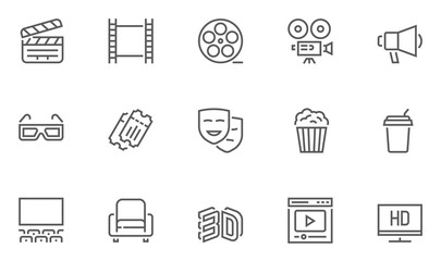 Set of Cinema and Entertainment Vector Line Icons with Movie Theater, Film Strip, Popcorn, Video Clip, 3d Glasses and more. Editable Stroke. 48x48 Pixel Perfect.