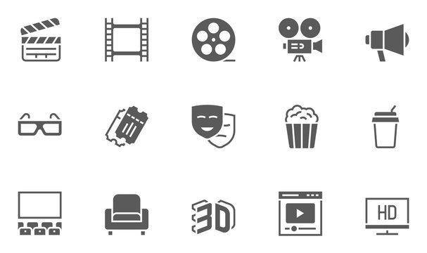 Set of Cinema, Movie and Entertainment Vector Icons with Movie Theater, Film Strip, Popcorn, Video Clip, 3d Glasses and more.