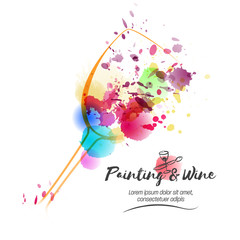 Idea for painting and wine event promotion. Illustration of wine glass and colorful spots. Art and wine.