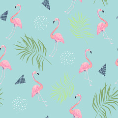 Abstract seamless pattern with flamingo. Summer tropical design. Hand drawn vector illustration