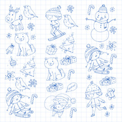 Merry Christmas celebration with children. Kids drawing illustration with ski, gifts, Santa Claus, snowman. Boys and girls play and have fun. School and kindergarten, preschool children