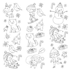 Merry Christmas celebration with children. Kids drawing illustration with ski, gifts, Santa Claus, snowman. Boys and girls play and have fun. School and kindergarten, preschool children