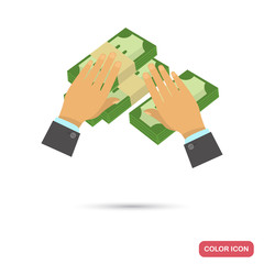 The businessman owns a packs of cash color flat icon