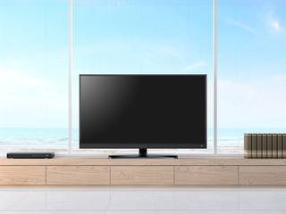 Empty television screen with sea view 3d render.There are white floor and wood cabinet. There is a clipping path to the tv screen.