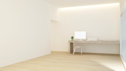 Workplace on sunshine day in hotel or home - Study room simple design - 3D Rendering