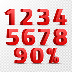 Set of 3D red numbers sign. 3D number symbol with percent discount design isolated