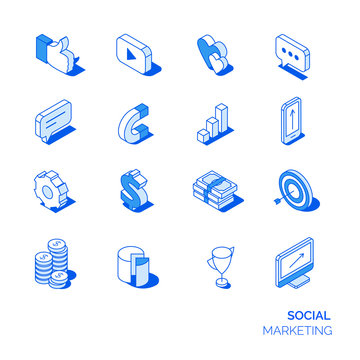 Isometric social marketing icons set. Line style 3D icons