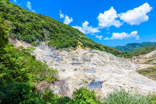View of Drive-In Volcano Sulphur Springs on the Caribbean island of St. Lucia. La Soufriere Volcano is the only drive-in volcano in the world.