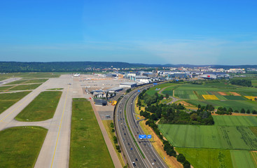 Stuttgart, Germany - June 11, 2017: Aerial view of Stuttgart area and, the airport landing strip...