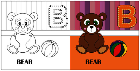 B letter, bear, coloring book or page, vector cartoon. Alphabet