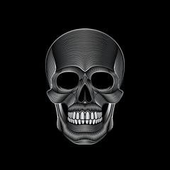 Graphic print of stylized silver skull on black background. Linear drawing.