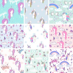 Vector seamless patterns with cute magic unicorns.