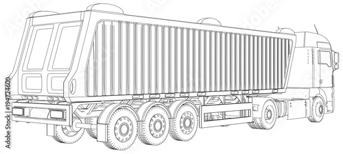 "Semi-trailer dump truck sketch isolated on white background. 3-axle