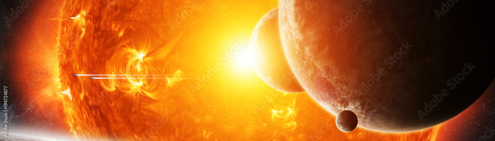 Wall mural exploding sun in space close to planet 3d rendering elements of this image furnished by nasa