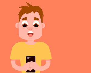 Man surprised after reading the message on mobile phone. Flat design. Vector illustration