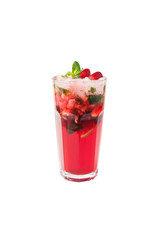 Strawberry Mojito cocktail with ice cubes in glass isolated on white