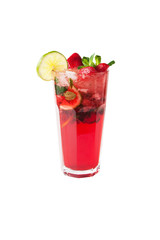 Strawberry Mojito cocktail with ice cubes in glass isolated on white