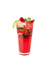 Strawberry Mojito cocktail with ice cubes in glass isolated on white