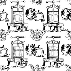 Vector seamless pattern with presses for squeezing, flowers and apples. Perfect for apple cider, surface textures, wrapping paper and more creative designs. Digital illustration in black and white.