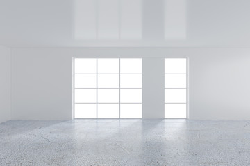 Empty white room with large stained-glass windows. 3D rendering.