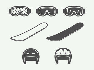 Set of vintage winter sport equipment. Monochrome Graphic Art. Vector Illustration.