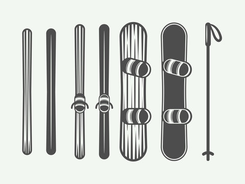 Set of vintage snowboarding or winter sports design elements. Vector illustration. Monochrome Graphic Art.