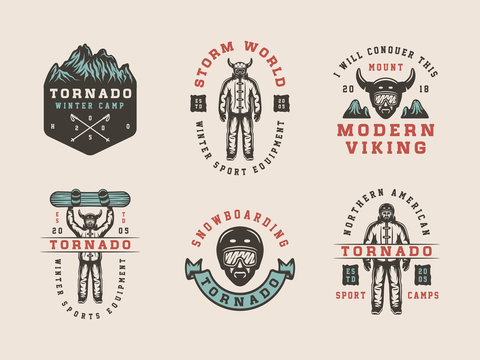 Set of vintage snowboarding, ski or winter sports logos, badges, emblems and design elements. illustration.