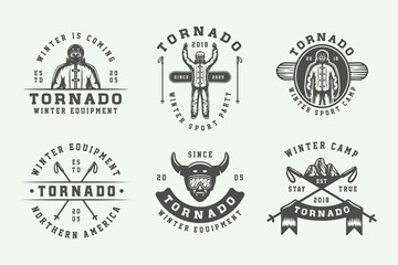Set of vintage snowboarding, ski or winter sports logos, badges, emblems and design elements. illustration. Monochrome Graphic Art.