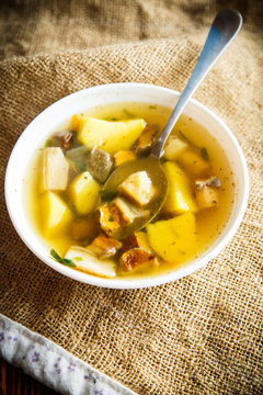 Fresh vegetable soup with forest mushrooms