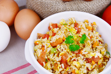 Fried rice with egg and various of vegetables. Rice and Egg menu for the children