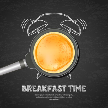 Vector realistic illustration of pan with pancake and hand drawn alarm clock on black board slate background. Top view food on dark background. Creative design for breakfast menu, cafe, restaurant.
