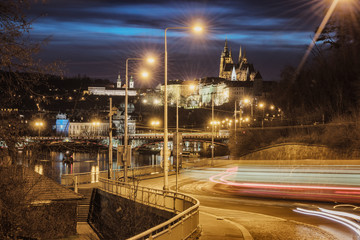 Fototapeta na wymiar Highway to big city at night. Castle. Prague