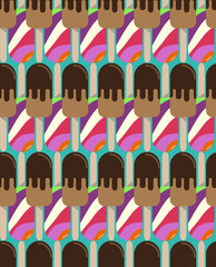 Colorful ice cream seamless retro vector pattern.  Tasty colorful summer desert - popsicle  or fruit ice lolly. Design for wallpaper, wrapping, fabric, background, apparel, prints, banners. 