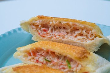 close up Home Made Grilled Crab Stick and Ebiko Sandwiches.(selective Focus)