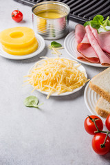 Ingredients for making grilled hawaii toast sandwich with ham, pineapple, tomato and cheese. Healthy summer food concept with free space for text.