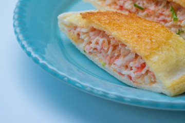 close up Home Made Grilled Crab Stick and Ebiko Sandwiches.(selective Focus)