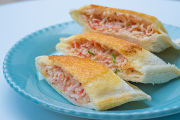 close up Home Made Grilled Crab Stick and Ebiko Sandwiches.(selective Focus)