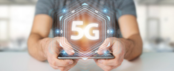 Businessman using 5G network interface 3D rendering