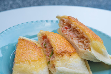 close up Home Made Grilled Crab Stick and Ebiko Sandwiches.(selective Focus)