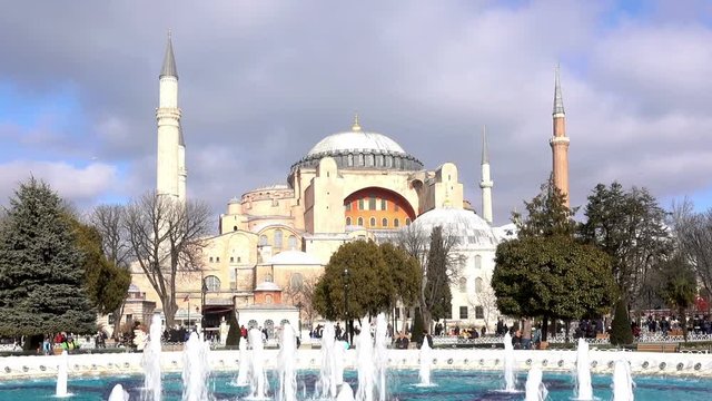 Fountain and the building of the Museum of Hagia Sophia (Ayasofya Muzesi) in Istanbul, Turkey. HD video clip