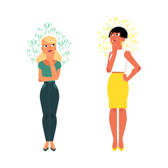 Vector flat young cute caucasian adult women in yellow skirt, jeans set. Beautiful characters standing thoughtful pose holding chin thinking with questions above head. Isolated background illustration