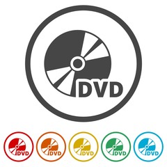 Black dvd icon isolated on white, 6 Colors Included