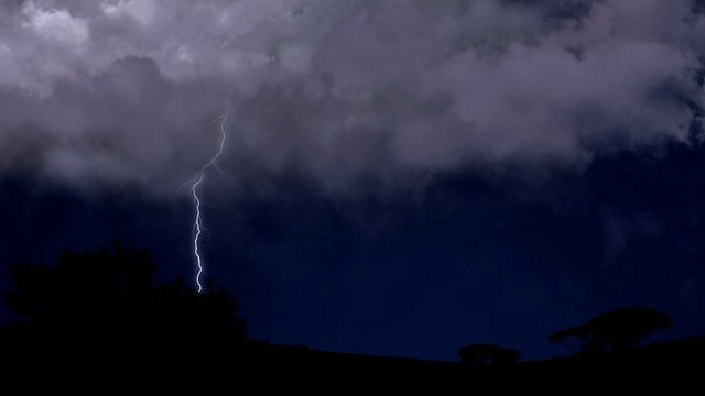 Electric firebolts strike from clouds to ground in desert countryside, weather