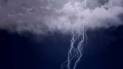 Fototapeta na wymiar Thunder in sky, stroke of branched lightning shoots out of cloud, nature