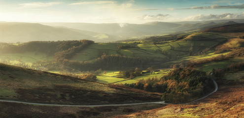 Beautiful landscape view of Hope Valley in Peak District during autumn sunset.