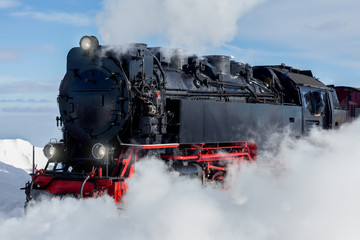 historic steam train in the winter