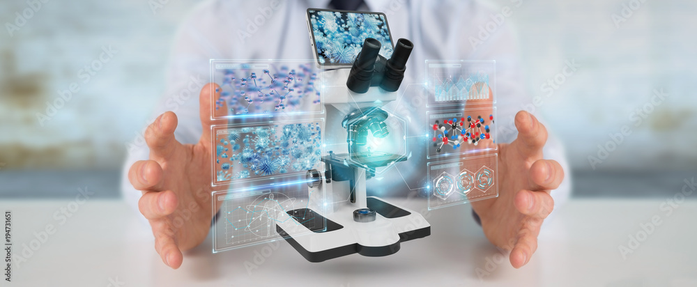 Aufkleber businessman using modern microscope with digital analysis 3d rendering