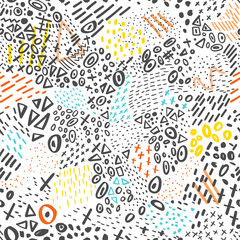 Vector seamless pattern with abstract marker doodling colorful lines and dots