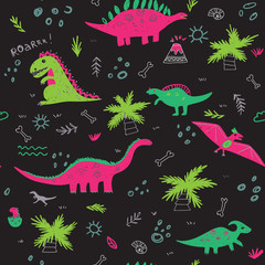 Vector seamless childish pattern with colorful dinosaurs black background